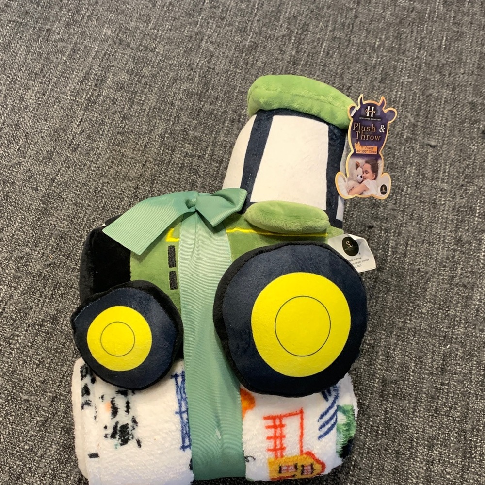 Kids Plush Tractor Throw Blanket - Green and Yellow